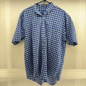 TownCraft Shirt Mens Medium Blue White Plaid Short Sleeve Button Up Wrinkle Free